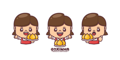 cute woman cartoon mascot with brazilian food coxinha