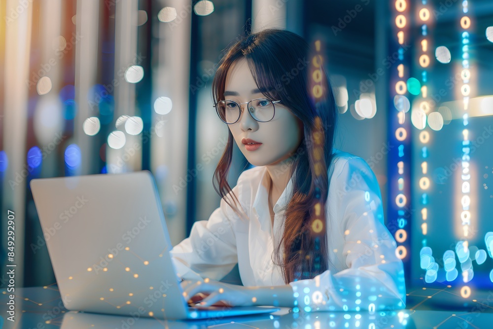 Poster Asian woman programmer working on laptop with digital code overlay in modern office. Cybersecurity and programming concept. Advanced software development. Digital technology and network protection