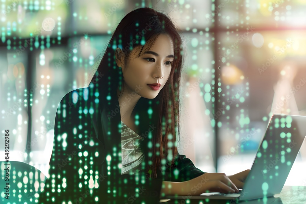 Poster Asian woman programmer working on laptop with digital code overlay in modern office. Cybersecurity and programming concept. Advanced software development. Digital technology and network protection