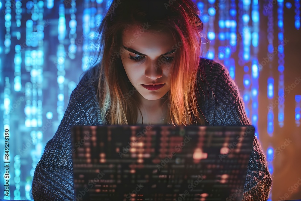  woman programmer working on laptop with digital code background. cybersecurity and programming conce