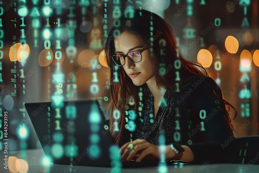 Poster Woman programmer working on laptop with digital code overlay. Cybersecurity and programming concept. Advanced software development. Innovative digital technology and network protection