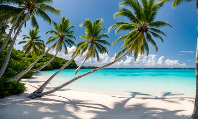 Fototapeta premium tropical beach featuring leaning palm trees and clear blue water