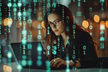 Woman programmer working on laptop with digital code overlay. Cybersecurity and programming concept. Advanced software development. Innovative digital technology and network protection