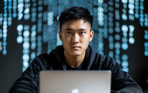 Asian man programmer working on laptop with digital code background. Cybersecurity and programming concept. Advanced software development. Innovative digital technology and network protection