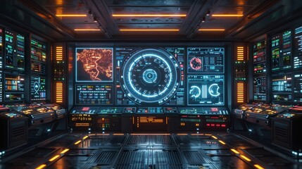 Obraz premium Futuristic Control Room with Digital Displays
