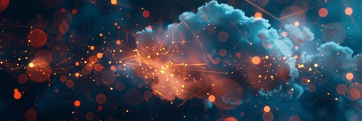 An abstract visualization of cloud computing with digital elements representing data processing and AI operations in the cloud. Generative AI