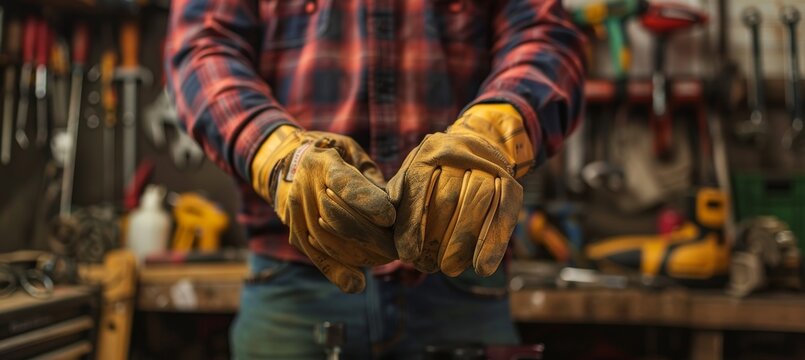 Mechanic Working in Organized Garage with Durable Protective Gloves: Perfect for Automotive Workshop Design