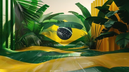 Capture the essence of Brazilian pride in a captivating stock photo where the national flag is reimagined in three dimensions, celebrating the country's identity and heritage. 