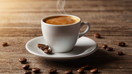 Fototapeta premium Cup of coffee with beans and cinnamon on table, fresh and aromatic morning drink