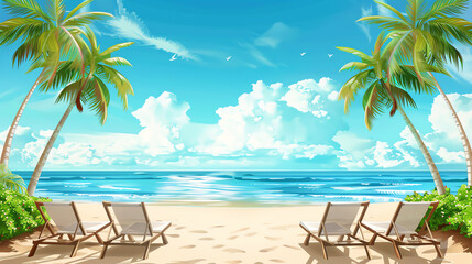 Tropical beach scene with palm trees and lounge chairs, perfect for a relaxing vacation getaway by the ocean under a clear blue sky.
