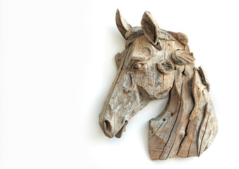A wooden horse head sculpture with intricate details and a weathered look on white background. Animals.