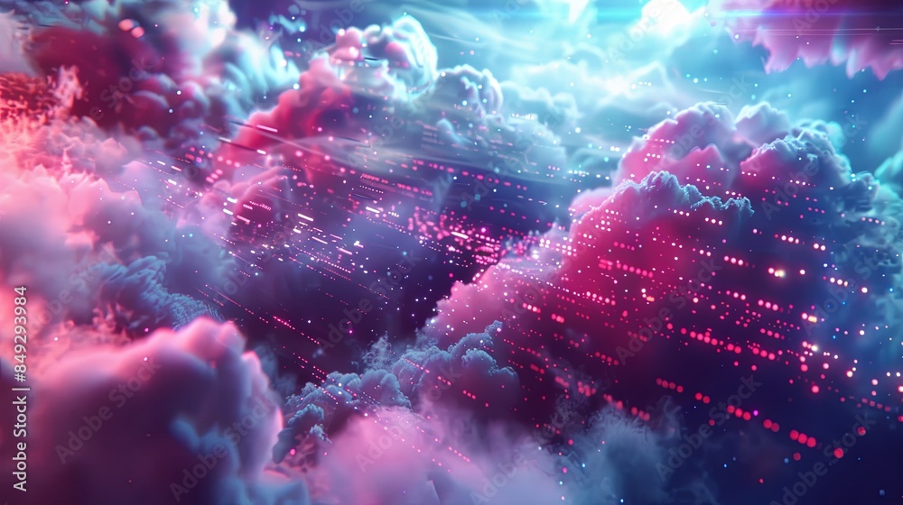 Leinwandbilder An abstract representation of cloud computing, showcasing data processing and AI operations within a digital landscape. Generative AI