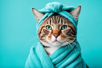 A Ginger Cat Wearing A Blue Towel Around Its Body And A Blue Towel On Its Head Like A Turban, Curious And Attentive. It Is Standing On A Blue Background. The Cat Is Clean And Well-groomed, And The Tow