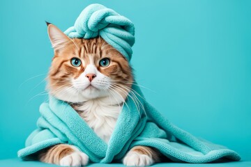 A Ginger Cat Wearing A Blue Towel Around Its Body And A Blue Towel On Its Head Like A Turban, Curious And Attentive. It Is Standing On A Blue Background. The Cat Is Clean And Well-groomed, And The Tow