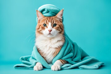 A Ginger Cat Wearing A Blue Towel Around Its Body And A Blue Towel On Its Head Like A Turban, Curious And Attentive. It Is Standing On A Blue Background. The Cat Is Clean And Well-groomed, And The Tow