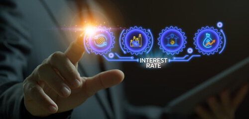 Interest rate financial and mortgage rates concept. Calculate variable interest rates according to benchmarks. Businessman showing interest rates icon inside digital HUD futuristic on virtual screen.