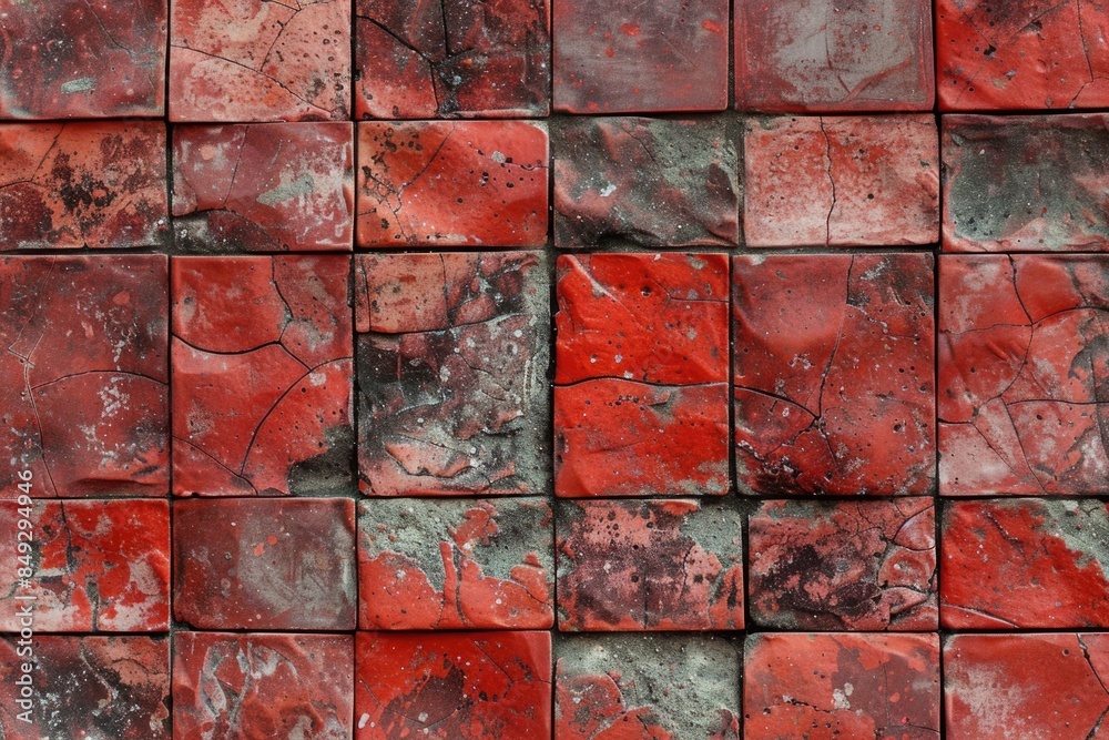 Wall mural Abstract grunge wall with old red square tile surface.