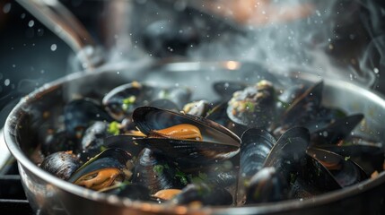 A pot of mussels being steamed, with white wine and herbs, the lid slightly open revealing the delicious dish