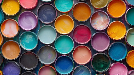 Different colors of paints in cans or colorful paint background, top view
