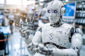 Fototapeta premium AI Robot in High Tech Factory, Advanced Artificial Intelligence Technology, Futuristic Industrial Automation, Modern Tech Elements, Professional Environment.