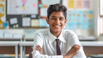 Smiling High School Boy in Classroom, Education and Learning Environment, Academic Success, Classroom Setting, Student Focused