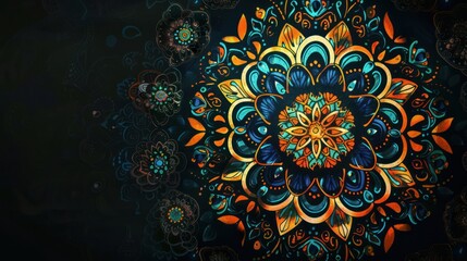 Illustrate the harmony of design and spirituality with a dynamic stock photo showcasing a stunning hand-painted mandala on a deep black background, evoking a sense of peace and balance. 