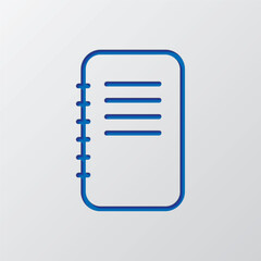 Notepad simple icon vector. Flat design. Paper cut design. Cutted blue symbol with shadow. Gray background