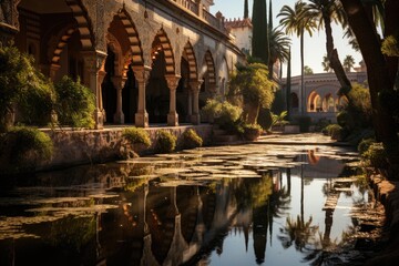 Pavilion by the lake in Jardim Menara, Morocco., generative IA