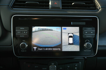 Front camera of circular 360 degrees view system. 360 terrain system in a modern car. Dashboard...