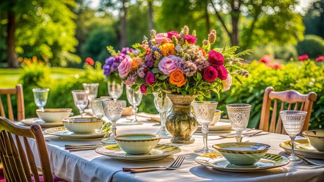 A beautifully set outdoor table adorned with elegant floral centerpieces, fine china, and sparkling glassware, ready for an al fresco dining experience.