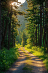 Fototapeta premium landscape with a forest road in the summer, path in the woods, sunlight through the trees, grassy areas, photorealistic // ai-generated 