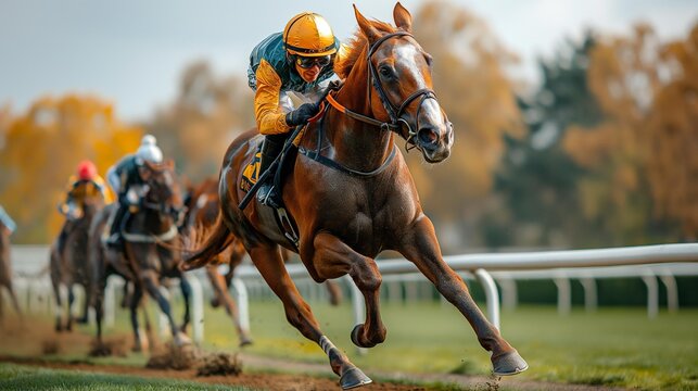 AI generator image of horse racing,Thoroughbred horses racing in a race,Jockeys on racing horses sport. Hippodrome.