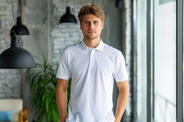 Man in a casual polo blank t-shirt. Wearing a live room shirt while waiting for your mockup copy area, Generative AI.