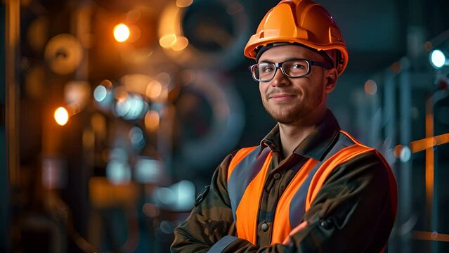 Electrical engineer with crossed arms standing and smiling at work