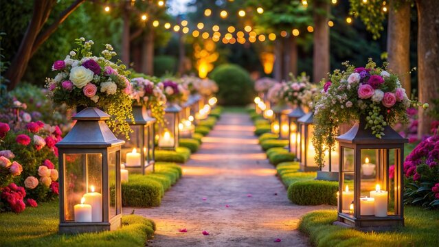 A garden pathway lined with flickering lanterns and flower-filled vases, guiding guests to different areas of the outdoor party venue with a sense of enchantment.