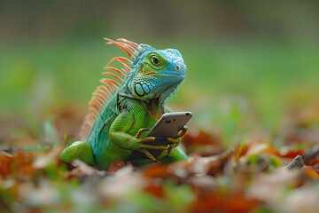 Fototapeta premium An iguana sits and looking intently at a smartphone, blending natural wildlife scenes with modern digital life. Copy space