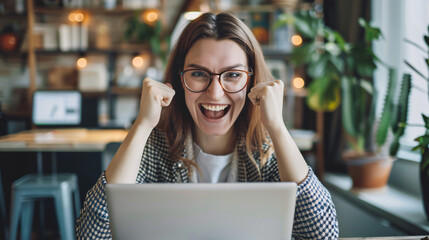 Enthusiastic woman in glasses celebrates at her desk in a comfortable home office setting