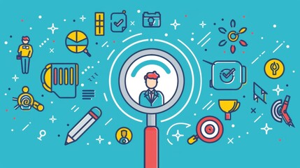 Fototapeta premium HRM or Human Resource Management, Magnifier glass focus to manager icon which is among staff icons for human development recruitment leadership and customer target. resume, interview. generate by AI