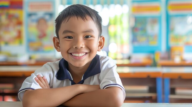 Young Indonesian Elementary School Boy Smiling Brightly in Classroom, Education Concept, Diversity in Learning Environments - Powered by Adobe