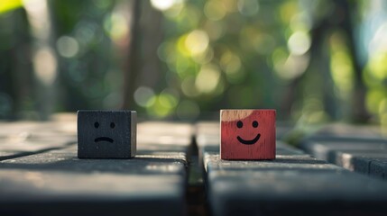 Mental health and emotional state, Smile face in bright side and sad face in dark side on wooden block cube for positive mindset selection, expression, mask, bipolar, generate by AI