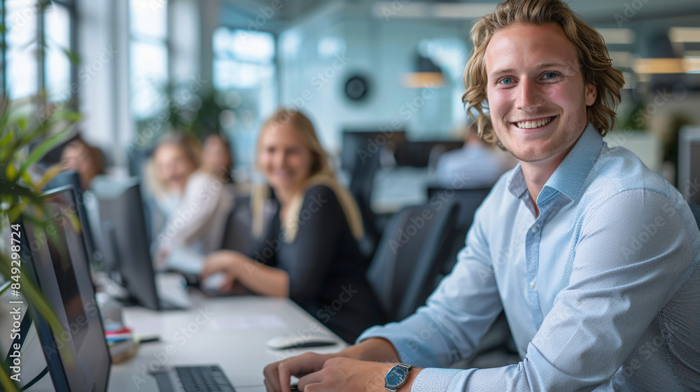 Wall mural Smiling young man in a modern, vibrant workplace