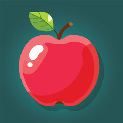 Tasty and colorful red apple with a green leaf in flat style. Cartoon character in vector illustration