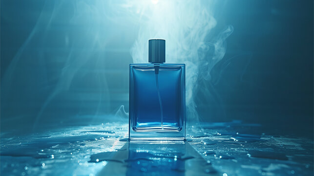 Blue Perfume Bottle On Wet Surface With Smoke
