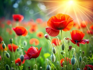 Obraz premium Field Of Red Poppies. Beautiful Summer Landscape.
