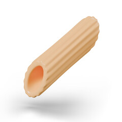 Tubular relief pasta with oblique cut. Penny rigate. Type of pasta. Closeup of flour product