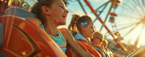 Family visiting a theme park, exciting rides, and happy faces, 4K hyperrealistic photo.