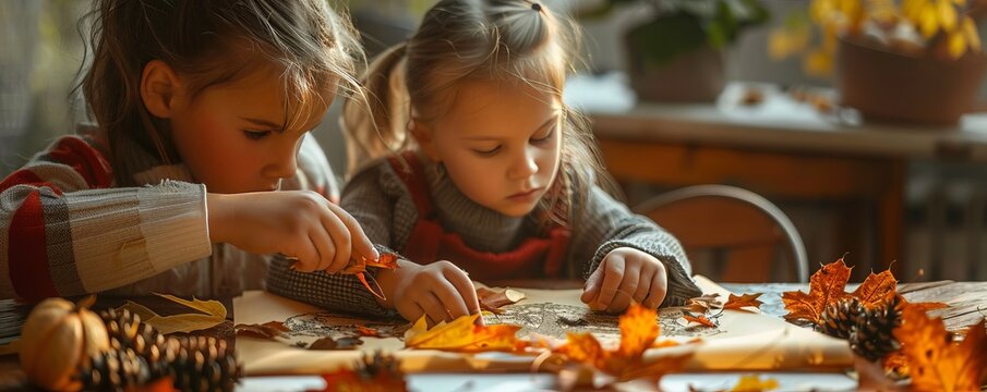 Kids making leaf rubbings for National Homemade Cookies Day, October 1st, capturing autumn colors on paper, 4K hyperrealistic photo.