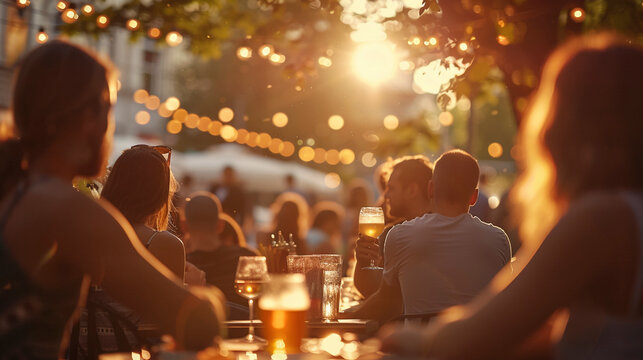 a group of people, defocused, at a summer outdoor restaurant and bar, sunny warm lights and soft bokeh, during golden hour