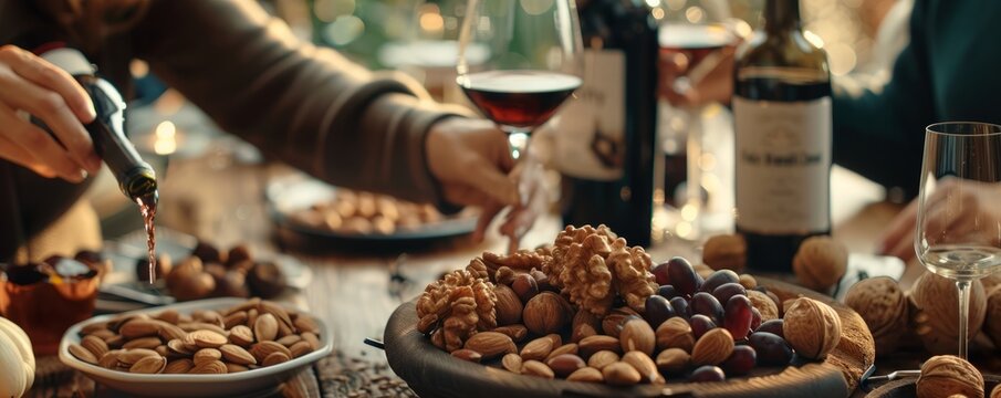Friends hosting a wine tasting for National Nut Day, October 22nd, sampling wines and nuts, 4K hyperrealistic photo. - Powered by Adobe