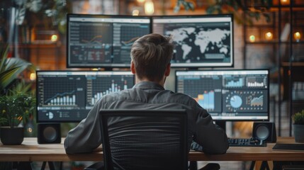 A businessman analyzing data on multiple monitors in a modern office.